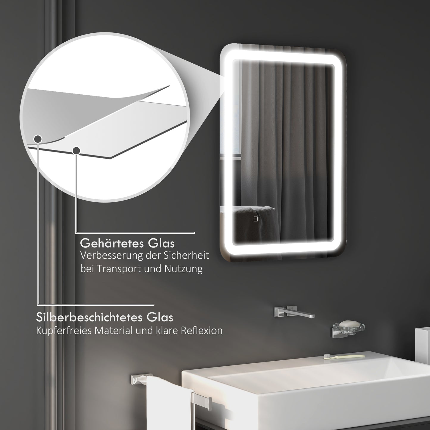 Bathroom Mirror, Illuminated, Touch Control, Fog-Free, Dimmable, 3 Light Colors, 50X70, Silvery