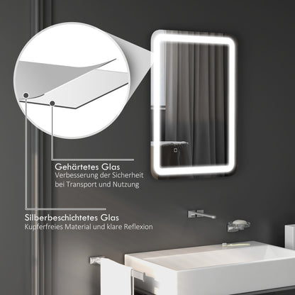 Bathroom Mirror, Illuminated, Touch Control, Fog-Free, Dimmable, 3 Light Colors, 50X70, Silvery