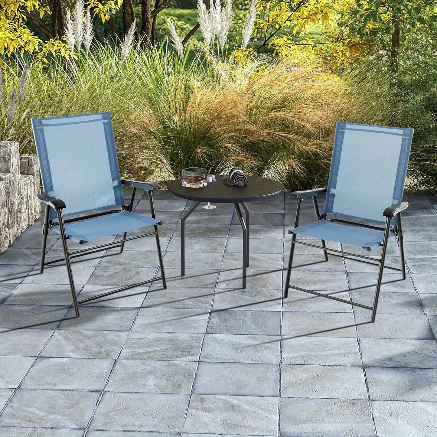 Tuinstoel Set – Klapstoel – Balkonstoel – Tuinzetel – Stoel Met Armleuning – Weerbestendig Stof – Sterk Metalen Frame – Blauw – Set Van 4