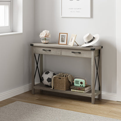 Farmhouse Console Table with 2 Drawers - Space-Saving Entryway Sofa Table, Sturdy MDF & Metal Construction, Modern Farmhouse Living Room, Hallway, Foyer Furniture - Easy Assembly, No Tools Needed, Compact Sofa Table for Small