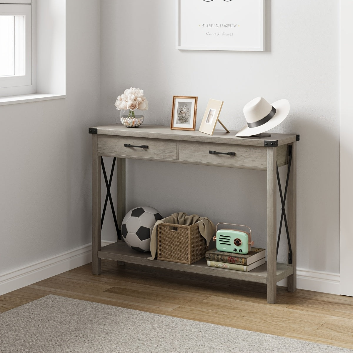 Farmhouse Sidetable – Haltafel – Console Tafel – Sofa Tafel – Sidetable met Lade – Grijs – MDF & Metaal – Compact Ontwerp 110x30 cm