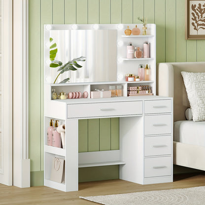 Dressing Table with Large HD Mirror, Dressing Table with LED Light, Dressing Table with 6 Open Compartments, 5 Drawers And Side Open Storage, Bedroom Room, Simple, White, Dressing Mirror with Storage, Dressing Mirror with LED