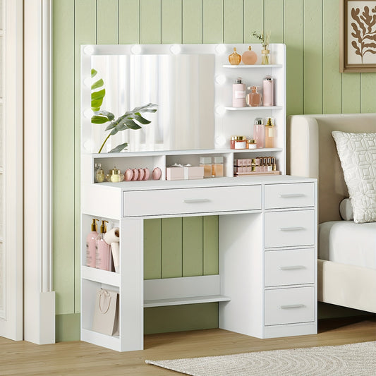 Make-up Tafel – Make-up Spiegel – Kaptafel – Make-up Bureau – Visagie Tafel – Wit – Grote HD Spiegel Met LED-Verlichting – 6 Open Vakken & 5 Laden