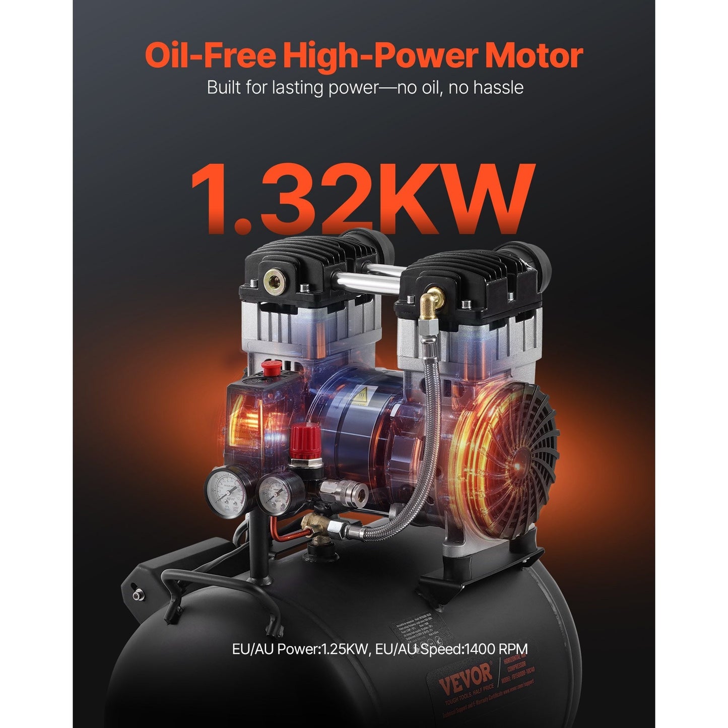 Luchtcompressor – Compressor – Persluchtmachine – Pomp – Compressor 10 Gallon – Olievrij – Stil Geluid – 1,25 kW Krachtige Motor