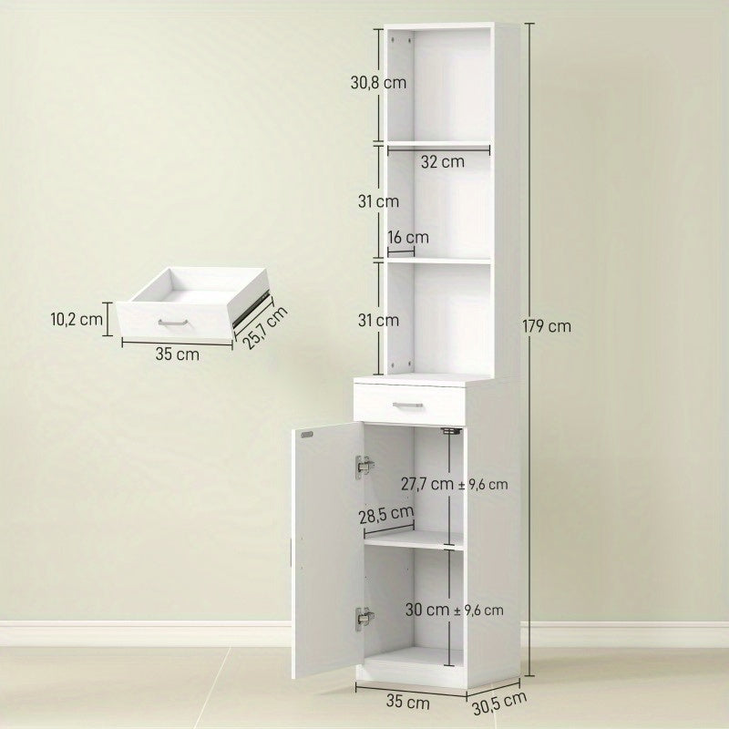 Badkamerkast – Smalle Opbergkast – Opslagkast – Opbergmeubel – Stellingkast – Verstelbare Planken – Ruimtebesparend Ontwerp – 35x30x179 cm – Modern Wit