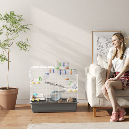 Dwerg Hamsterkooi – Hamsterkooi – Hamsterverblijf – Kleine Dierenkooi – Mini Dierenverblijf – 4 Verdiepingen Met Tunnel Systeem – Inclusief Accessoires En Bovenklep – Grijs 78x45x73 cm