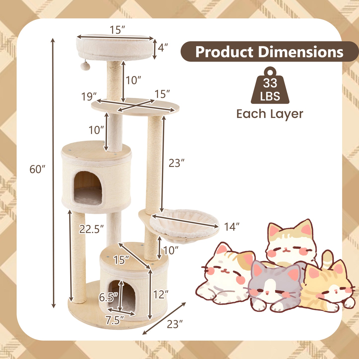 Kattenklimtoren – Kattenpaal – Krabpaal – Klimmeubel – Kattenhuis – Natuurlijk Hout – 152 cm Hoog – Wasbare Kussens