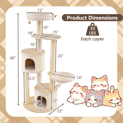 Kattenklimtoren – Kattenpaal – Krabpaal – Klimmeubel – Kattenhuis – Natuurlijk Hout – 152 cm Hoog – Wasbare Kussens