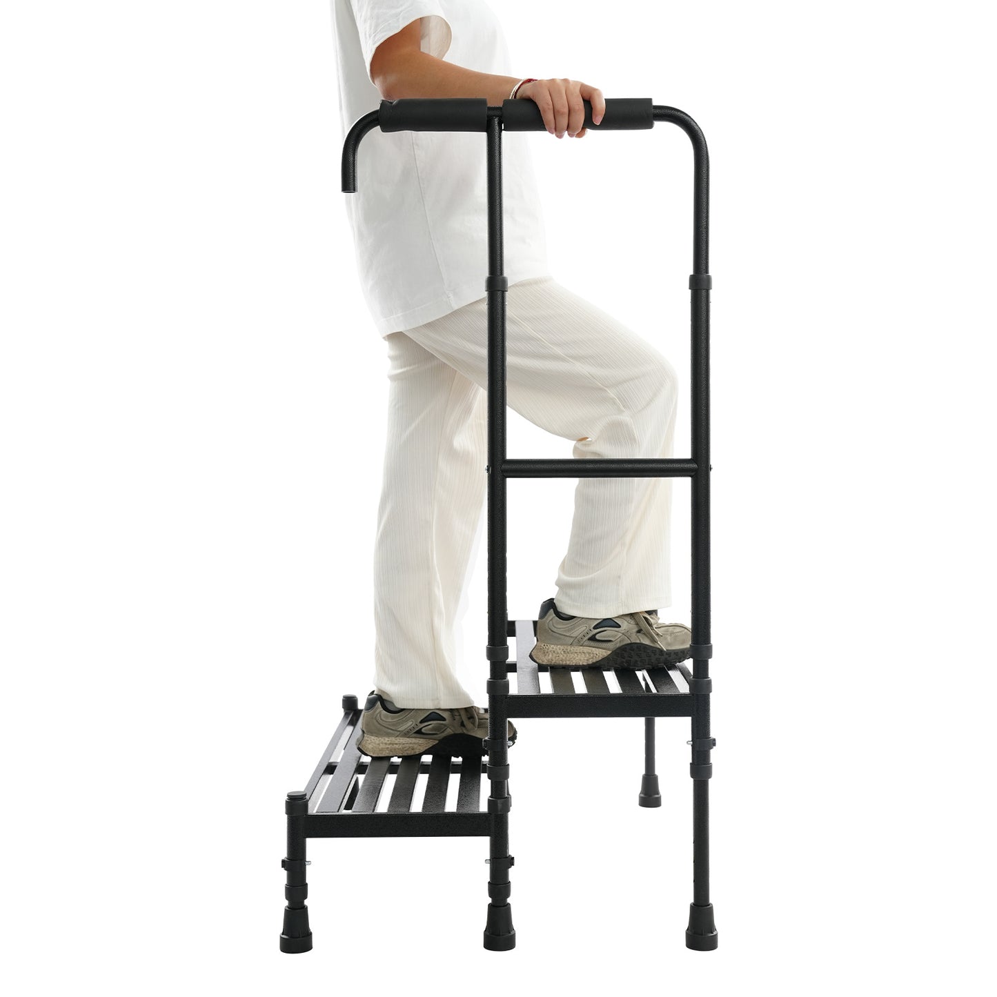 Heavy-Duty Step Stool with Handle & Adjustable Handrail - 2-Step Ramp Suitable for, Seniors, Mobility Aid - Sturdy Metal Stepping Stool with Wide Steps & Rubber Feet for Bed, Car, Use