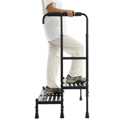 Heavy-Duty Step Stool with Handle & Adjustable Handrail - 2-Step Ramp Suitable for, Seniors, Mobility Aid - Sturdy Metal Stepping Stool with Wide Steps & Rubber Feet for Bed, Car, Use