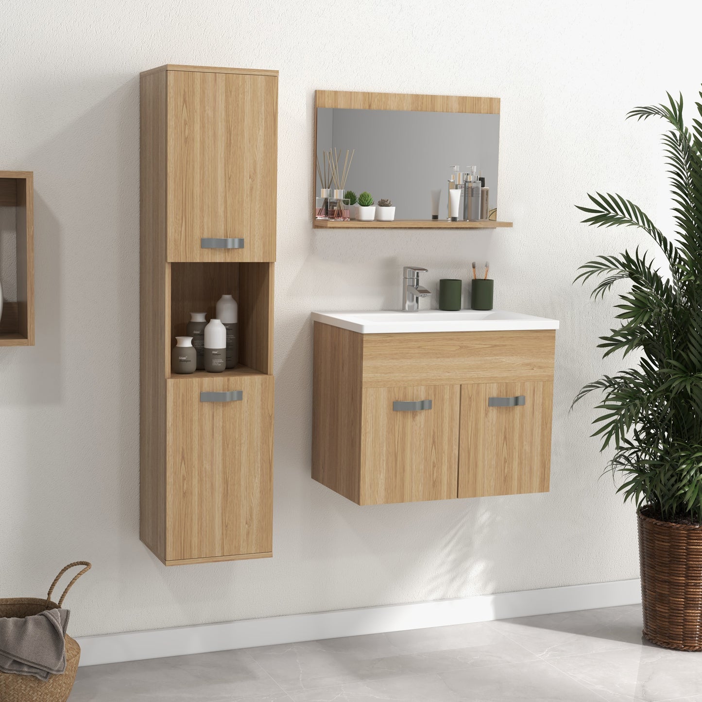 Badmeubelset – Badkamermeubel – Wastafelmeubel – Spiegelkast – Kolomkast – Zwevend Ontwerp – Keramische Waskom – Verstelbare Planken – Natuurlijke Houttinten