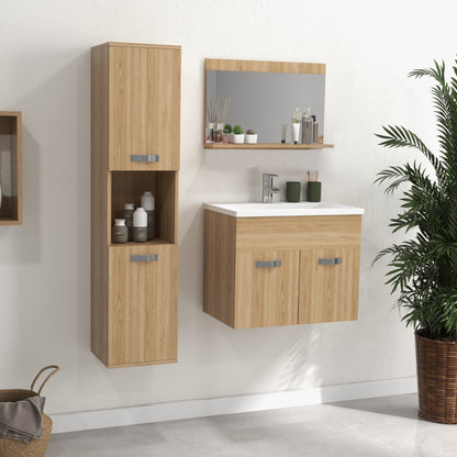 Badmeubelset – Badkamermeubel – Wastafelmeubel – Spiegelkast – Kolomkast – Zwevend Ontwerp – Keramische Waskom – Verstelbare Planken – Natuurlijke Houttinten