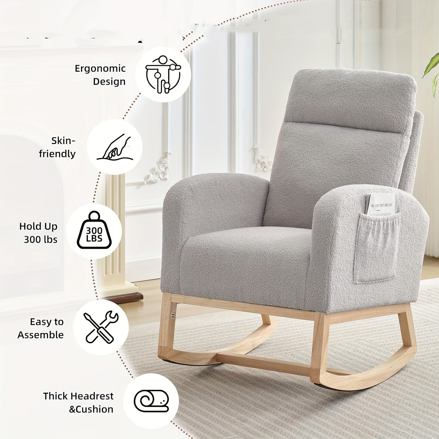 Schommelstoel – Relaxstoel – Fauteuil – Voedingsstoel – Wingbackstoel – Ergonomische Hoge Rugleuning – Stevig Rubberhout-Look Frame met Zijzakken