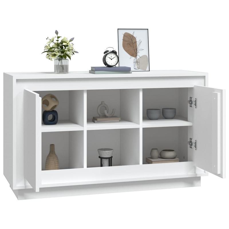 Modern White Sideboard with Open Shelves & Removable Drawers - 102x35x60cm, Hardwood Furniture for Living Room, Bedroom, Office - Sleek Minimalist Design with Decorative Vases & Clock Display, Sideboard Cabinet, Bedroom Stora