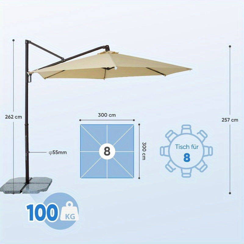 Parasol – Stokparasol – Tuinparasol – Balkonparasol – Ronde Parasol – Aluminium – Ø300 cm – Kantelbaar en 360° Draaibaar – UV50+ Bescherming – Crankbediening – Crème