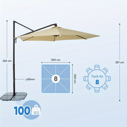 Parasol – Stokparasol – Tuinparasol – Balkonparasol – Ronde Parasol – Aluminium – Ø300 cm – Kantelbaar en 360° Draaibaar – UV50+ Bescherming – Crankbediening – Crème
