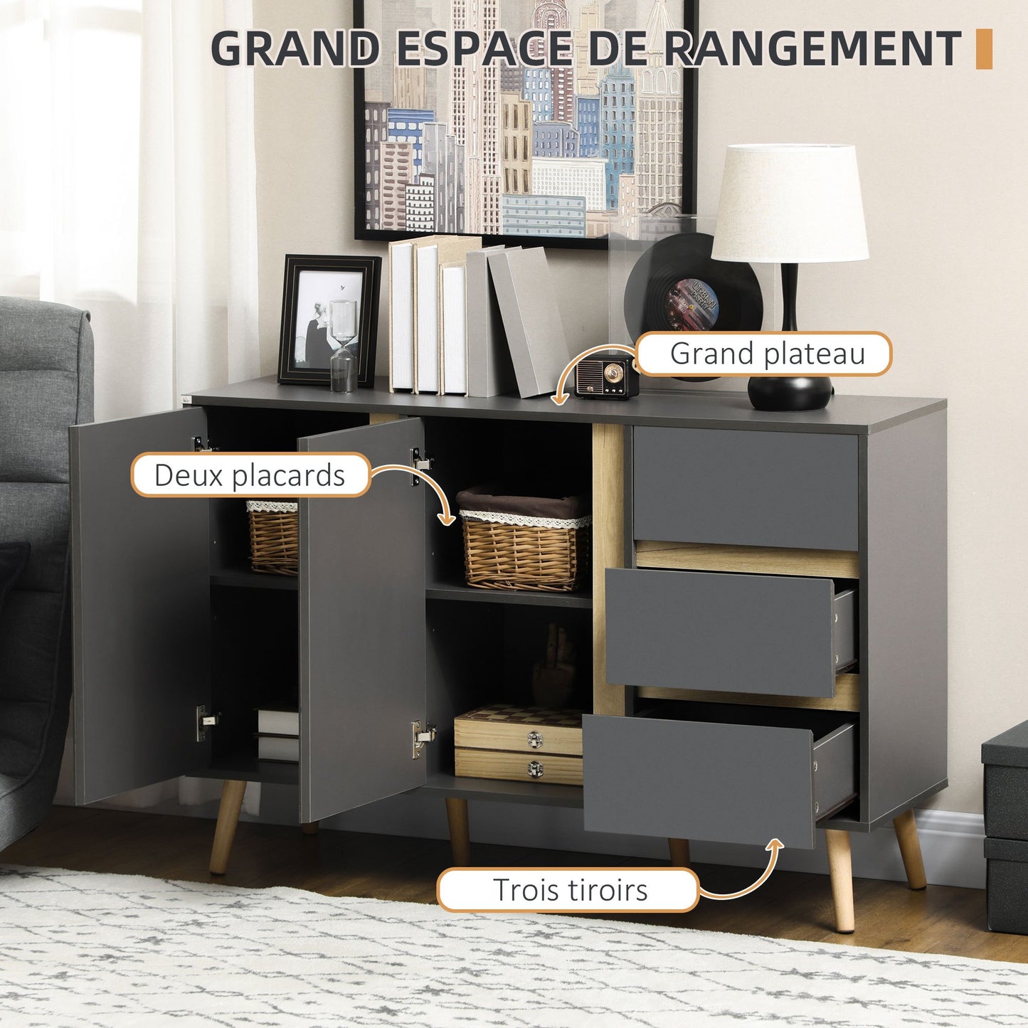 Dressoir – Sideboard – Opbergkast – Buffetkast – Ladekast – Scandinavisch Design – 120x40x80 cm – Antraciet Grijs – 3 Lades & 2 Deuren – Duurzaam Spaanplaat