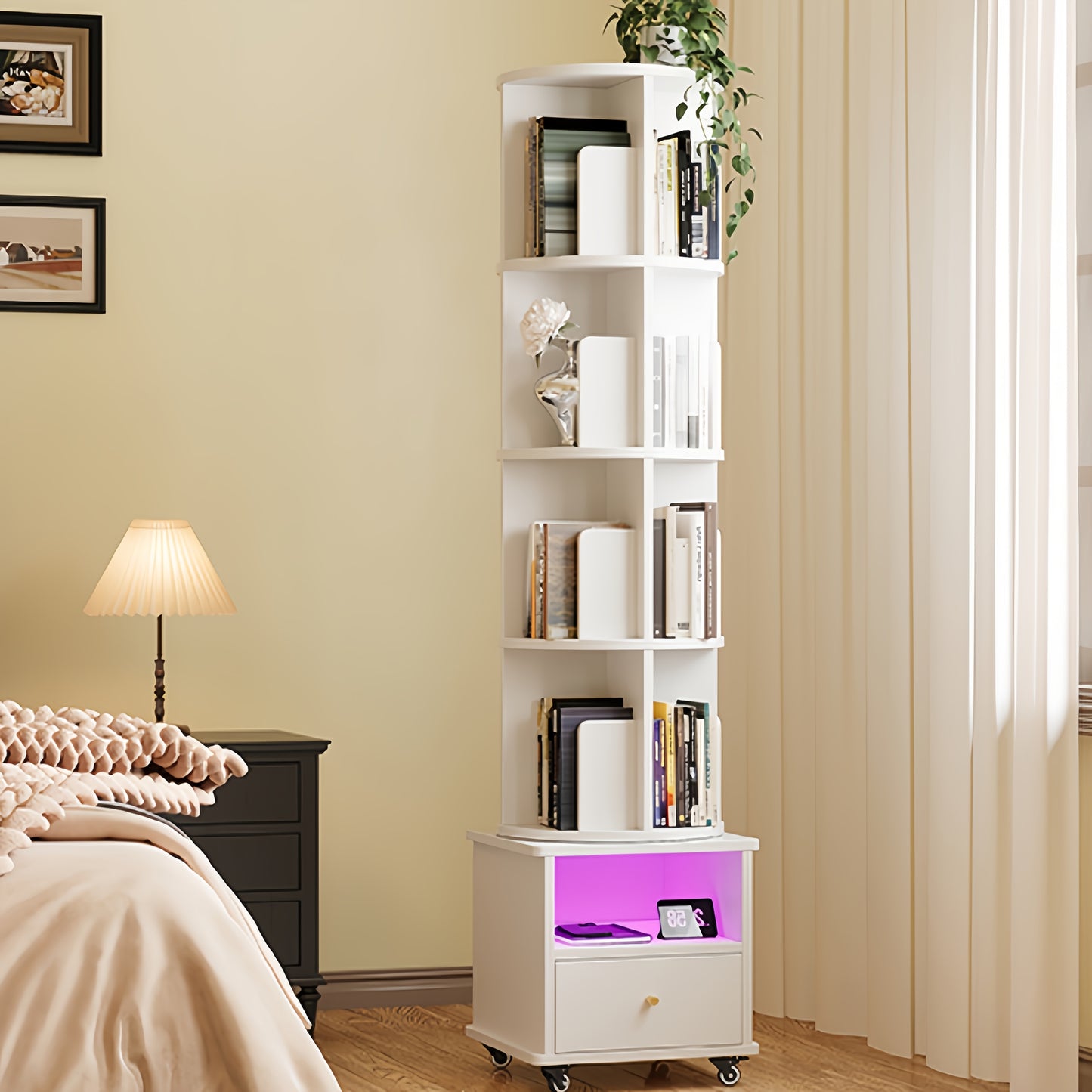 Draaibare Boekenkast – Boekplank – Boekenrek – Opbergkast – Boekhouder – 4 Planken Met Lade – 360° Draaibaar En Robuust Hout