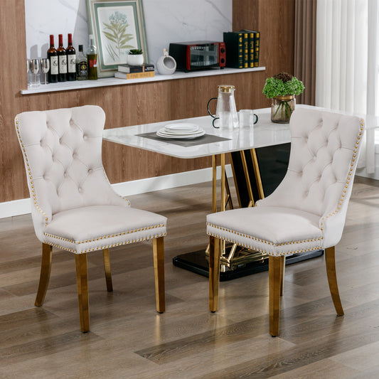 A&A Furniture, Nikki Collection Modern Premium Tufted Solid Wood Contemporary Velvet Upholstered Dining Chair with Golden Stainless Steel Plating Legs, Nailhead Trim, Set of 2, Beige and Gold, DE1601BG