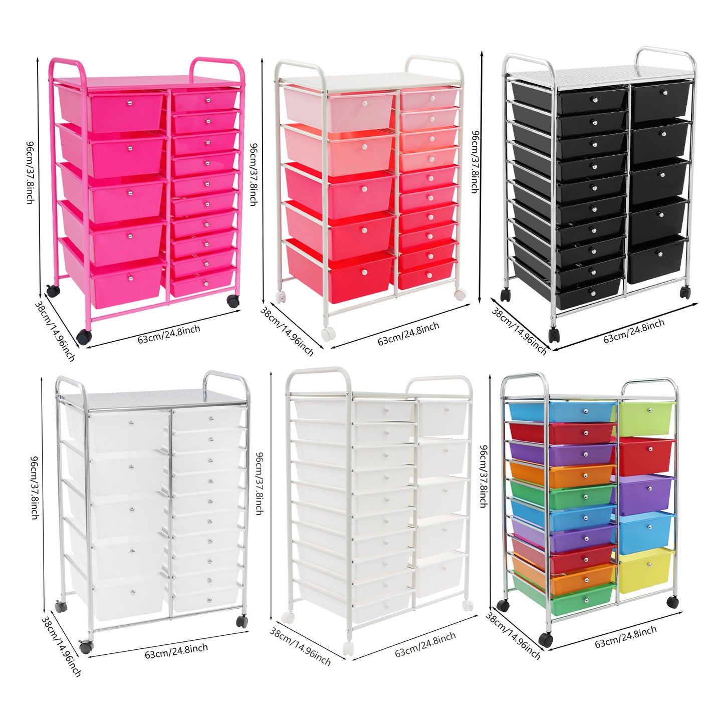 Opbergwagen – Rollende Ladenkast – Mobiele Opbergkast – Organizer Met Lade – Opberger Met Wielen – Rosé Rood – 15 Lades – Stevig Metalen Frame – Mobiel Met Remmen
