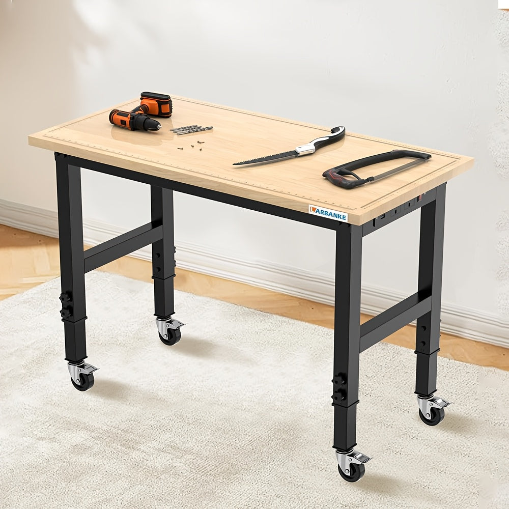 Werkbank – Werktafel – Werkstation – Inklapbare Tafel – Mobil Werkbank – Verstelbare Hoogte 85-105 cm – Rubberhout Met Massief Hardhouten Werkblad