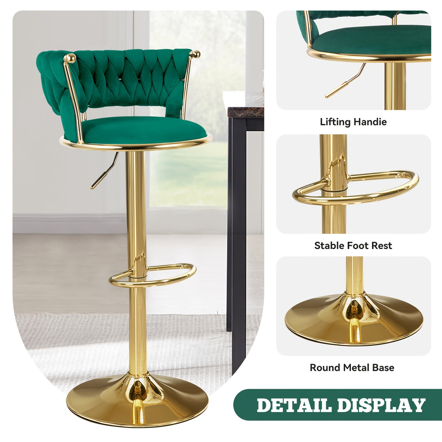 Barstoel – Barkruk – Barstoel Kruk – Barstoelen – Barkrukken Set – Verstelbare Zithoogte – 360° Draaibaar – Fluweel Groen – Gouden Metalen Frame