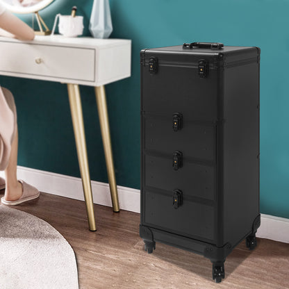 Make-up Koffer – Make-up Organizer – Beautycase – Cosmetica Koffer – Visagiekoffer – Grote Capaciteit – Duurzaam Aluminium Alloy – Met Slot – Mobiel met Wieltjes – Zwart Glanzend