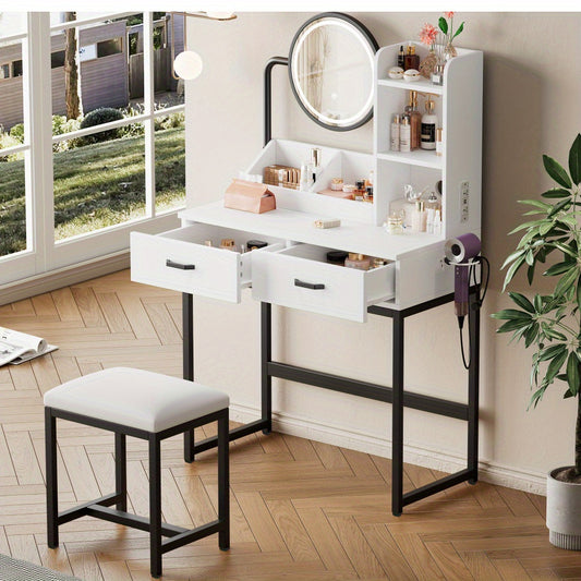 Kaptafel – Make-up Tafel – Vanity Desk – Cosmeticatafel – Draaibare Spiegel – Compact & Ruimtebesparend – Glas Tafelblad – 2 Lades & Open Planken – Wit