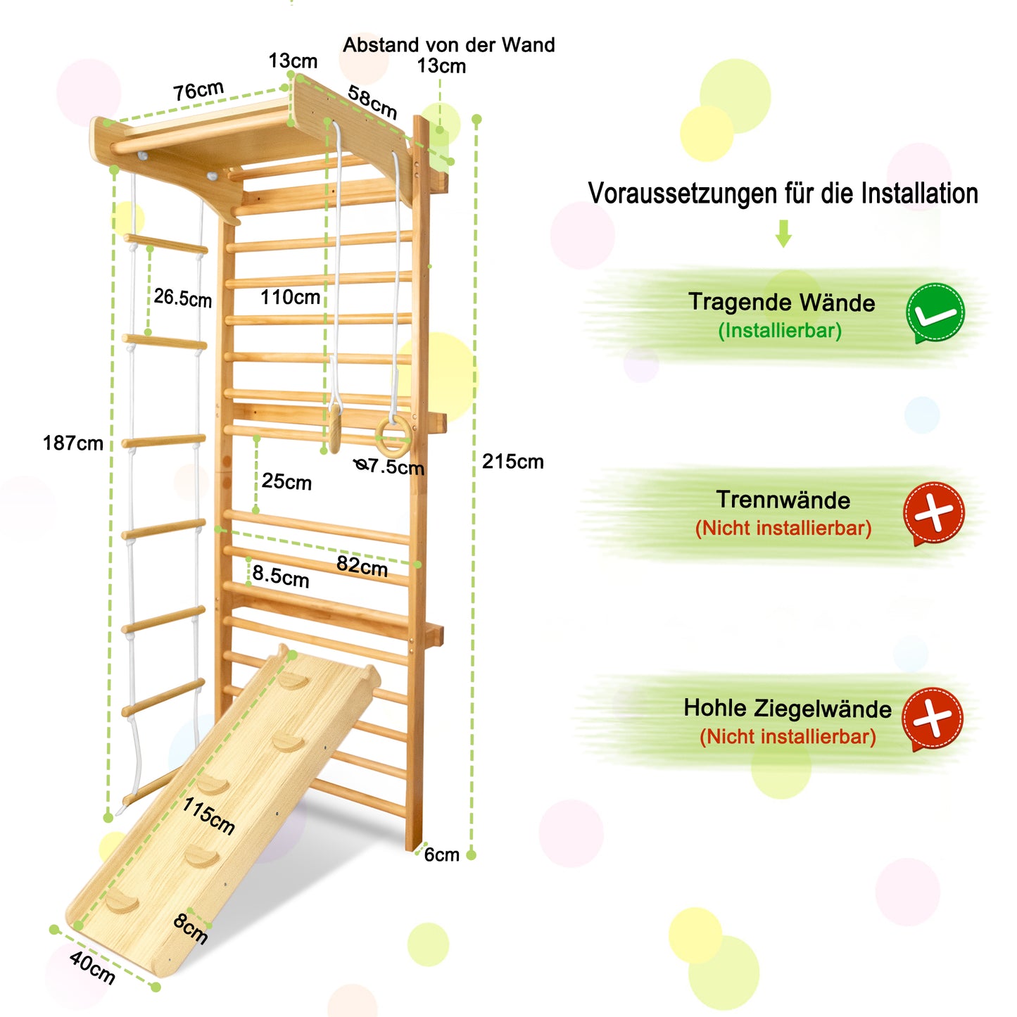 Klimrek – Klimframe – Speeltoestel – Turnrek – Gymnastiekrek – 6-in-1 Multifunctioneel Design – Hoogwaardig Houten Frame 215x82x6 cm