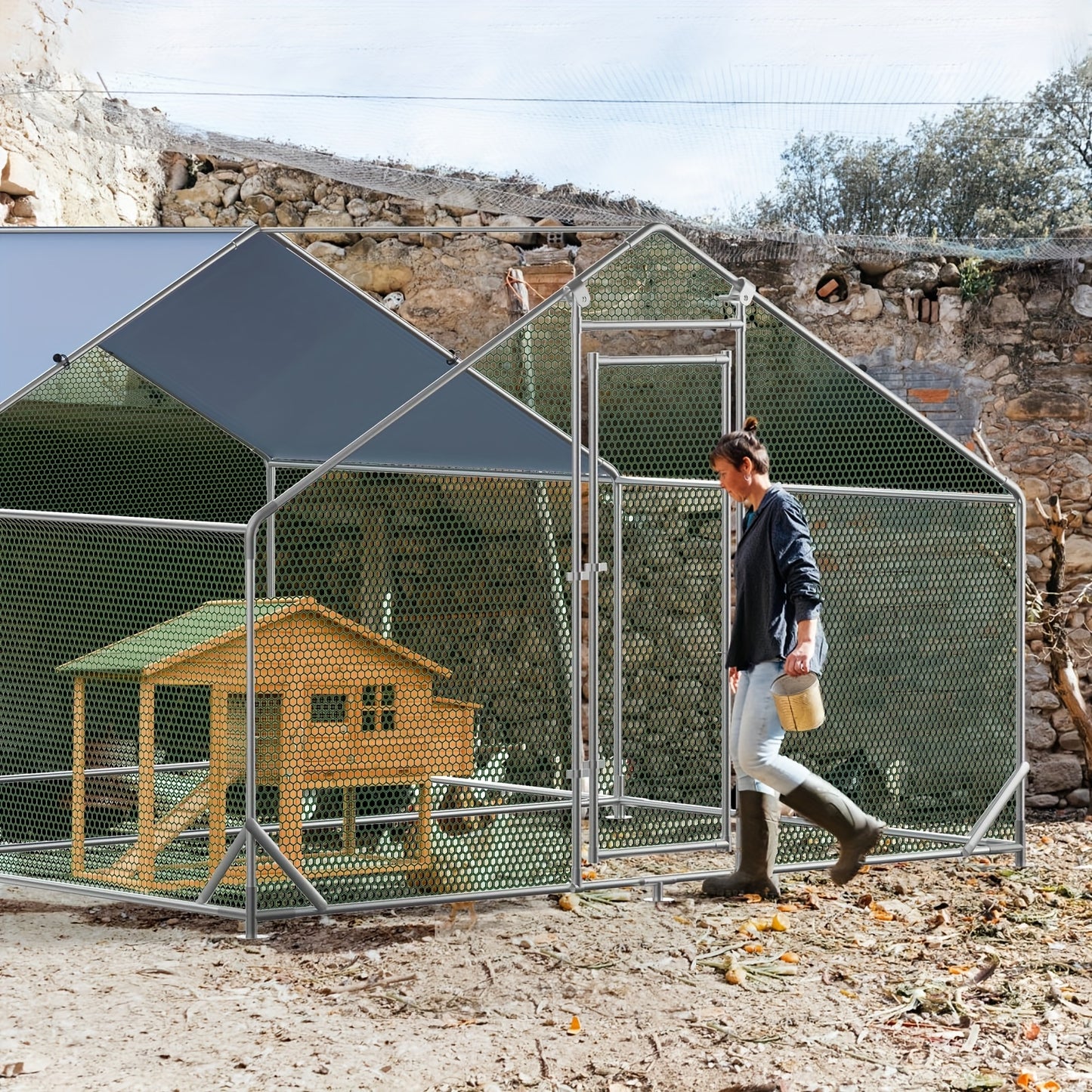 Kippenren – Buitenren – Hennenhok – Kippenhok – Vogelren – Staalframe – Weerbestendig & Snøwproof – Ruim 3x4x2 Meter – Driehoekige Constructie