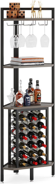 Hoek Wijnrek - 4-laags - Industrieel - Wijnrek Metaal - Staand Flessenrek - voor 18 flessen - Grijs en Zwart - 40 x 40 x 160 cm
