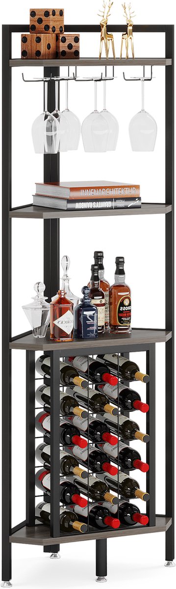 Hoek Wijnrek - 4-laags - Industrieel - Wijnrek Metaal - Staand Flessenrek - voor 18 flessen - Grijs en Zwart - 40 x 40 x 160 cm