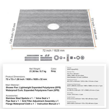 Douchebak – Douchevloer – Douchegoot – Doucheplaat – Douchebodem – Waterdichte PE Membrane – RVS Rooster 1828x1828 mm