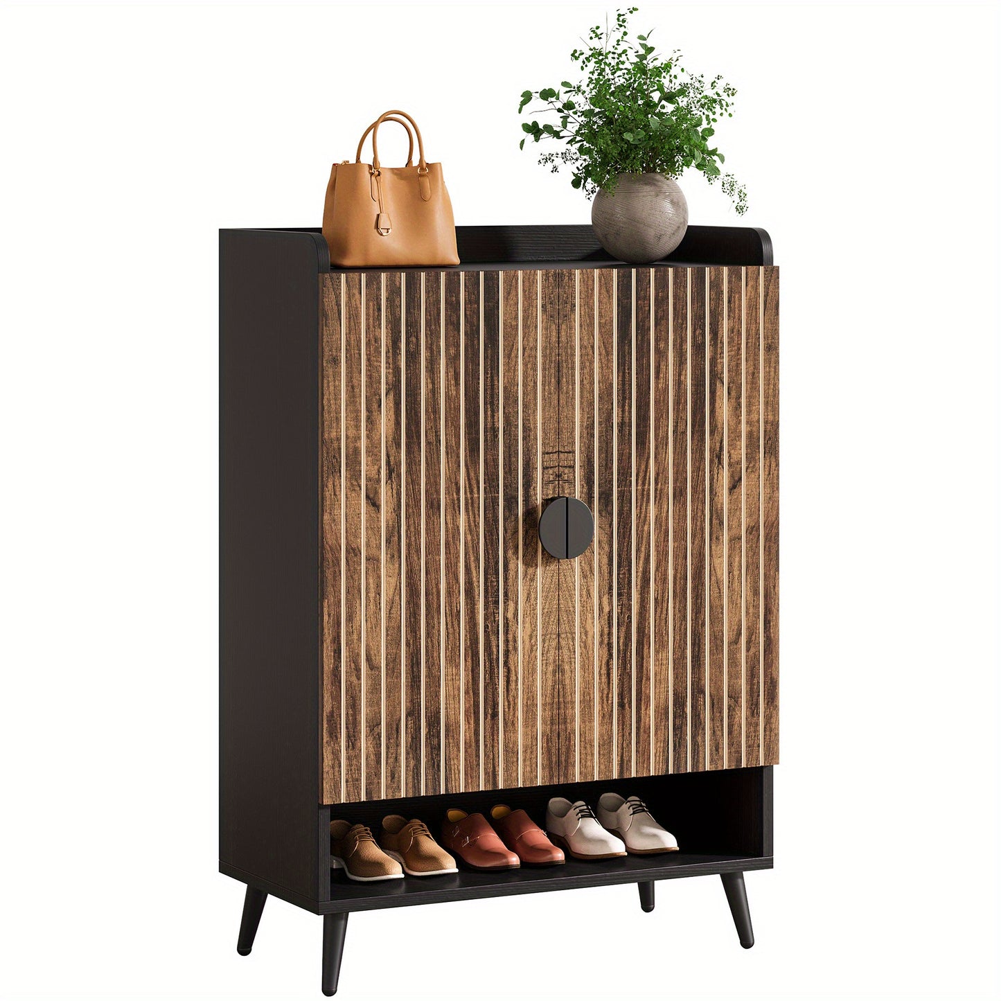 Schoenenkast – Schoenopberger – Schoenenrek – Schoenenschuifkast – Schoenmeubel – Rustic Brown Zwarte Afwerking – 6 Laags Met 3 Lades En 2 Deuren – Massief Hout En Kunststof Board – Compact 68,5 cm Hoogte