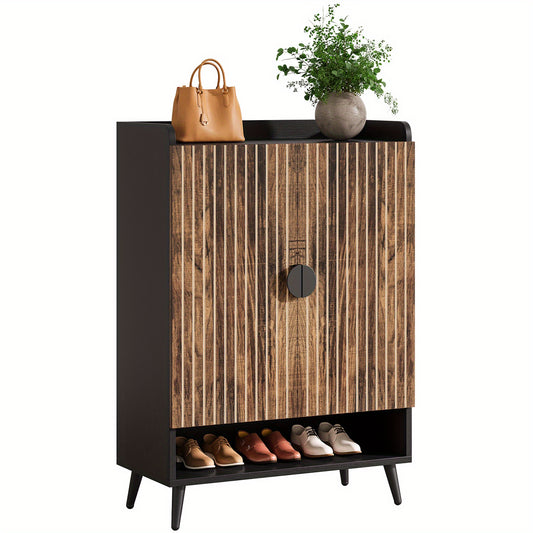 Schoenenkast – Schoenopberger – Schoenenrek – Schoenenschuifkast – Schoenmeubel – Rustic Brown Zwarte Afwerking – 6 Laags Met 3 Lades En 2 Deuren – Massief Hout En Kunststof Board – Compact 68,5 cm Hoogte