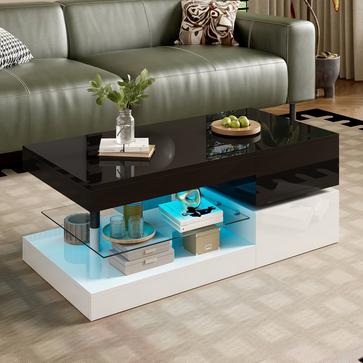 Salontafel – Koffietafel – Bijzettafel – Woonkamertafel – Tafel – Modern Design – Zwart Metaal met Witte Glasplanken – Compact 90x45x35,5 cm – Stevige Constructie & Open Opbergruimte