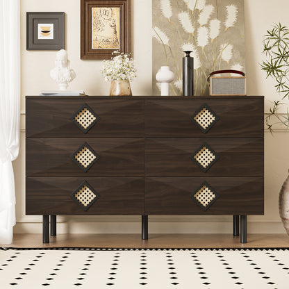 Ladekast – Ladenkast – Kommode – Dressoir – Opbergkast – 6 Lades – Rieten Details – Metalen Poten – MDF & Spaanplaat – Houtkleurig met Zwarte en Gouden Accenten