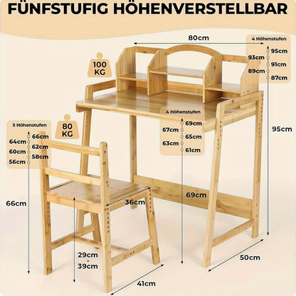 Verstelbare Bureau- En Stoelset – Werkplek Set – Thuiswerkplek – Kinderbureau – Studiebureau – Bamboe Materiaal – Ingebouwde Boekenplank Met Opbergruimte