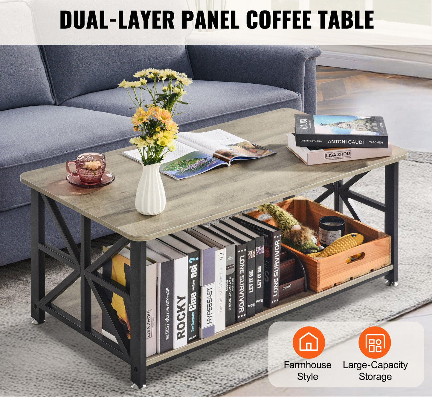 Salontafel – Koffietafel – Woonkamertafel – Houten Tafel – Landelijke Tafel – 40 Inch – Robuust Massief Hout – Open Opbergruimte