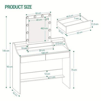 Kaptafel – Make-uptafel – Schminktisch – Toillet – Dressing Table – Met Instelbare LED-Verlichting – 2 Lades En 3 Open Vakken – Wit – Modern Design