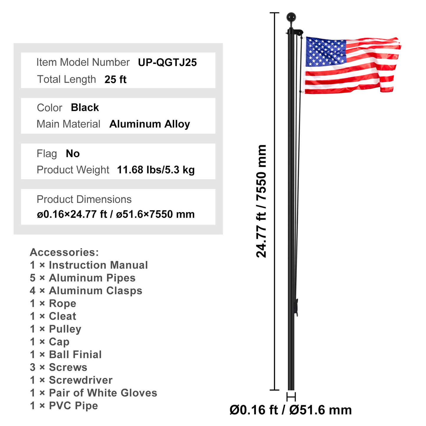 Aluminium Vlaggenmast – Vlaggenstok – Vlaggenpaal – Vlaggenstok Buiten – Vlaggenmast Zwart – 2 Inch Dikke Buis – Weerbestendig & Duurzaam