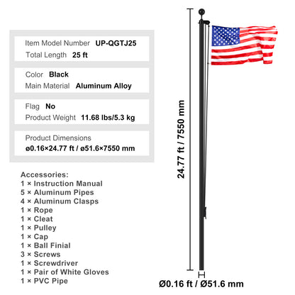 Aluminium Vlaggenmast – Vlaggenstok – Vlaggenpaal – Vlaggenstok Buiten – Vlaggenmast Zwart – 2 Inch Dikke Buis – Weerbestendig & Duurzaam