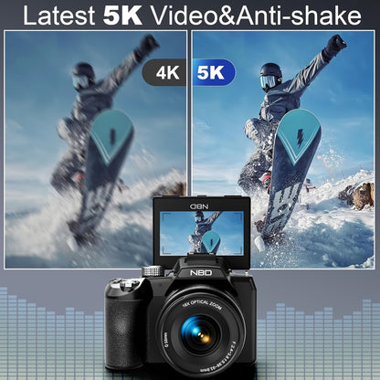 Digitale Camera – Fototoestel – Compact Camera – Vlogcamera – Fotocamera – 64MP 5K Video – 16x Optische Zoom met Wifi & App Bedienbaar – 180° Kantelbaar 3-inch Scherm – Autofocus – Inclusief Tas, 2 Batterijen en 32GB Kaart
