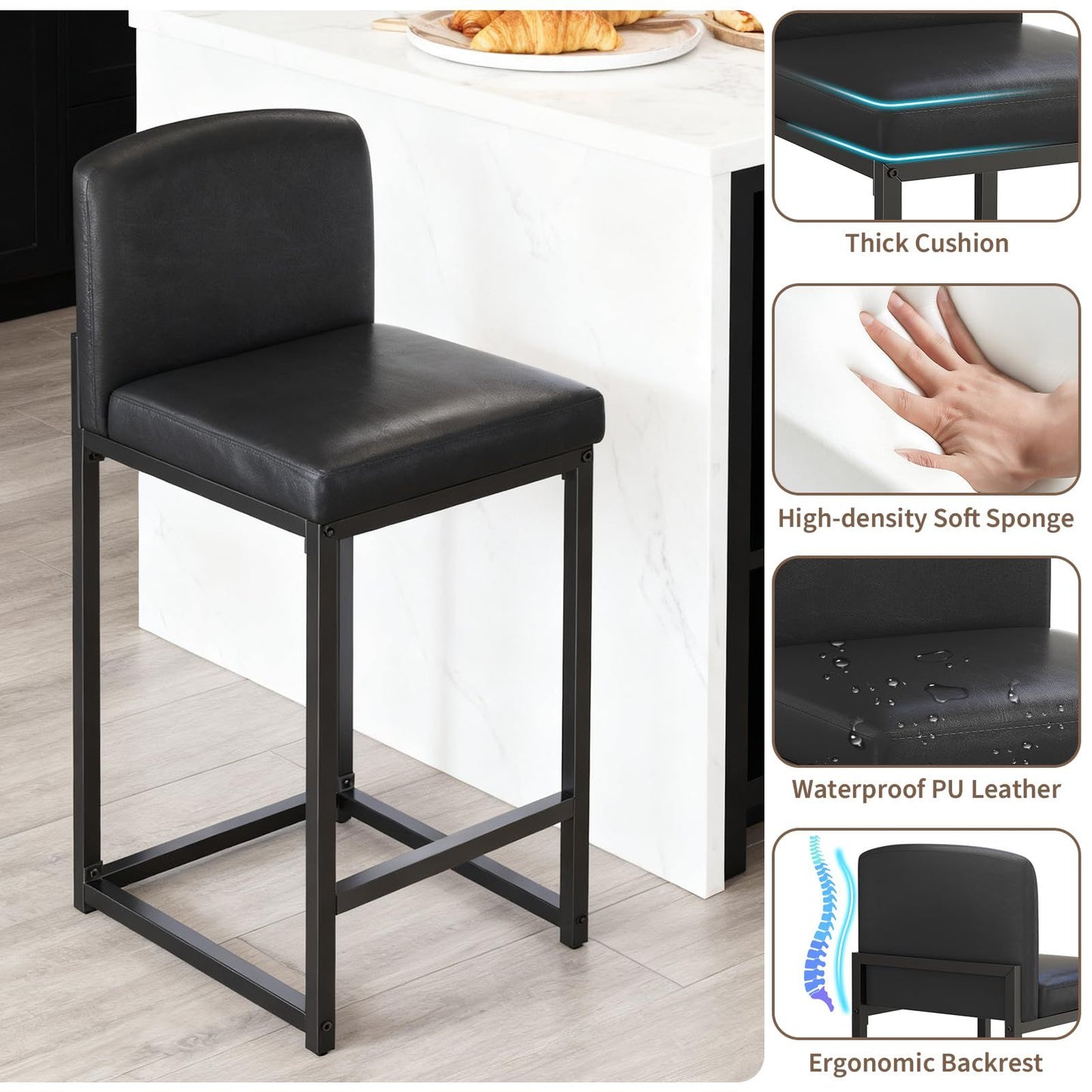 Counter Height Bar Stool | Upholstery Supportive Backrest, Sturdy Metal Legs, Ideal for Island, Dining Room, Living Room, Apartment