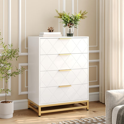 Kommode – Ladekast – Dressoir – Opbergkast – Ladekast Wit – 4 Lades – Gouden Metalen Poten – Anti-Kantel Veiligheid – Hardhout – Compact Design