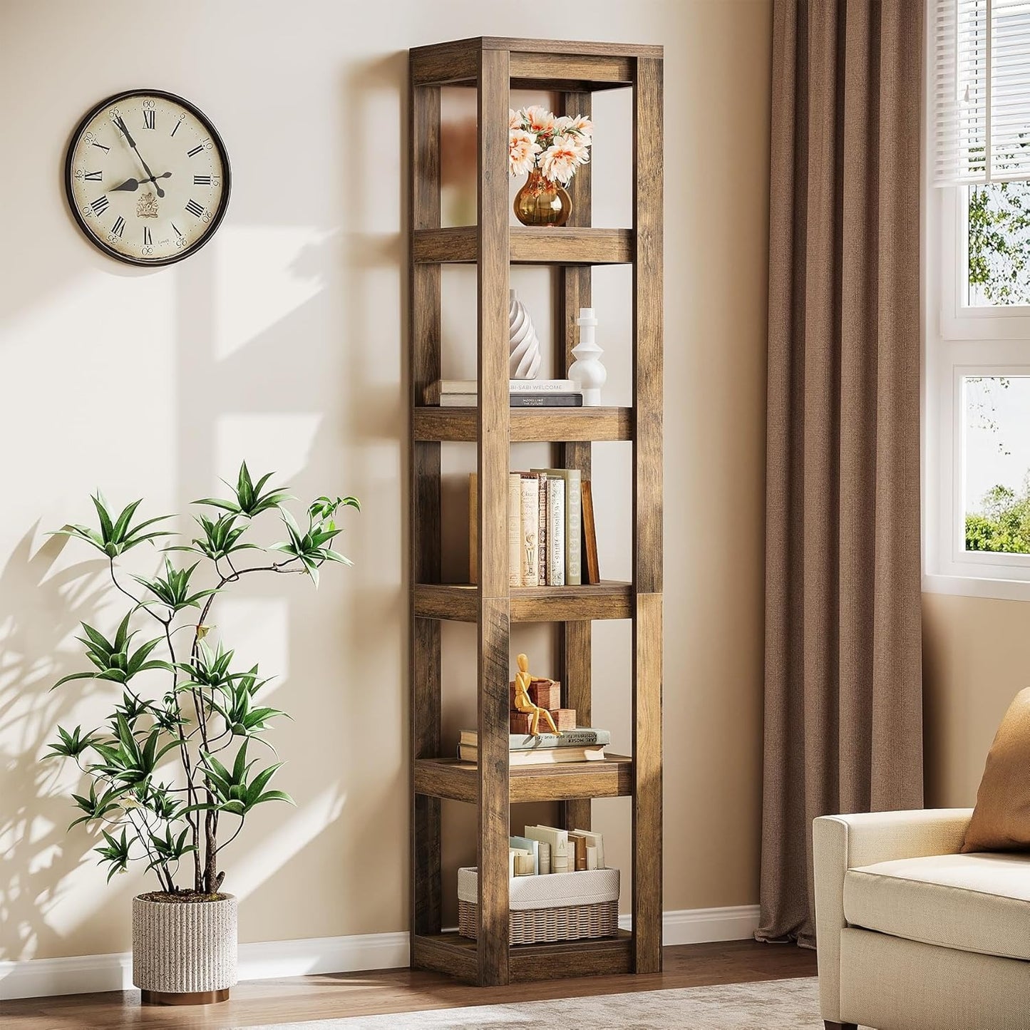 Boekenplank – Boekenrek – Wandplank – Boekenhouder – Hoekboekenkast – Vrijstaand – 6-laags – Smal en 180 cm Hoog – Rustiek Bruin Hout