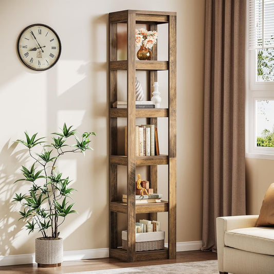 Boekenplank – Boekenrek – Wandplank – Boekenhouder – Hoekboekenkast – Vrijstaand – 6-laags – Smal en 180 cm Hoog – Rustiek Bruin Hout