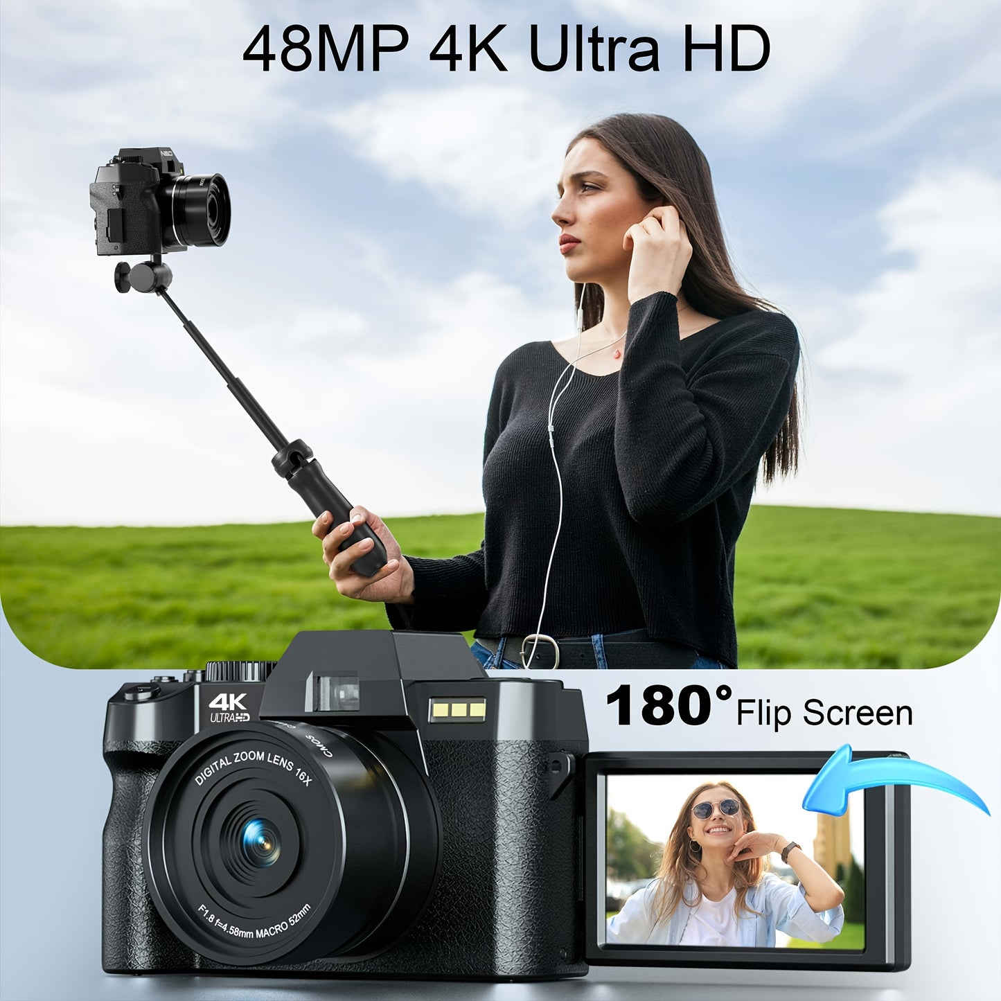 Digitale Camera – Fotocamera – Vlogcamera – Compact Camera – Reiscamera – 48 Megapixel Sensor – 180° Kantelbaar OLED-scherm – Zwart