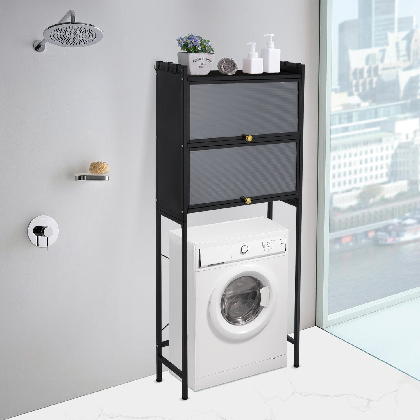 Wasmachine Meubel – Wasmachine Kast – Wasmachine Ombouw – Wasmachine Opbergrek – Wastafel Meubel – Zwart – 3-Lagens Opbergruimte – 6 Afneembare Haken – Carbonstaal & Kunststof – Vrijstaand – Compact 70x25x167 cm