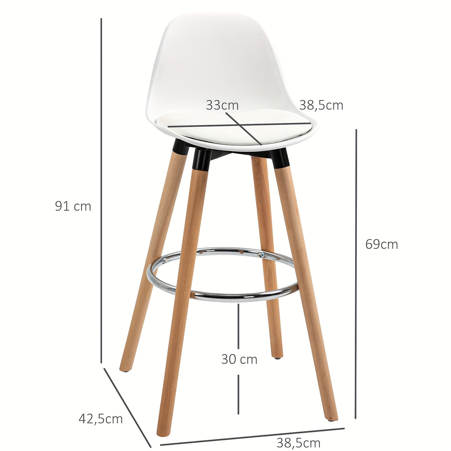 Barstoel – Barkruk – Barstoelen – Keukenstoel – Kruk – Set van 2 – Imitatieleren Bekleding – Met Voetsteun – Metaal – 38,5x42,5x91 cm – Wit